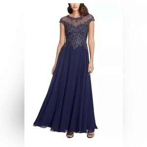 XSCAPE Formal A Line Embroidered Long Evening Gown-Navy/Gunmetal Size 6 NWT.